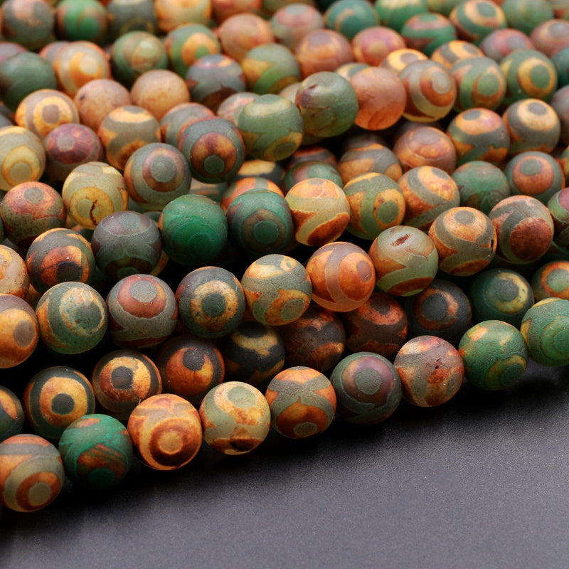 Tibetan Agate 6mm 8mm 10mm Round Beads Dzi Agate Green Brown Eye Matte Mala Antique Boho Beads 15.5" Strand