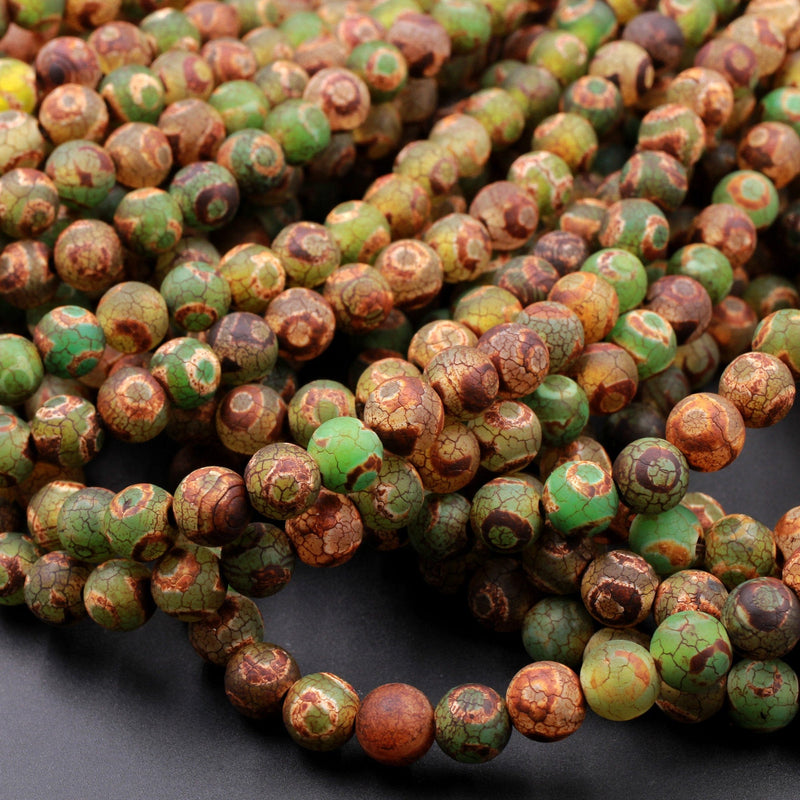 Tibetan Agate 6mm 8mm 10mm Round Beads Dzi Agate Green Brown Eye Matte Mala Antique Boho Beads 15" Strand