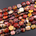 Natural Australian Mookaite Beads Faceted Square 15mm Cushion Octagon Natural Sunset Colors Red Yellow Maroon Beige 16" Strand