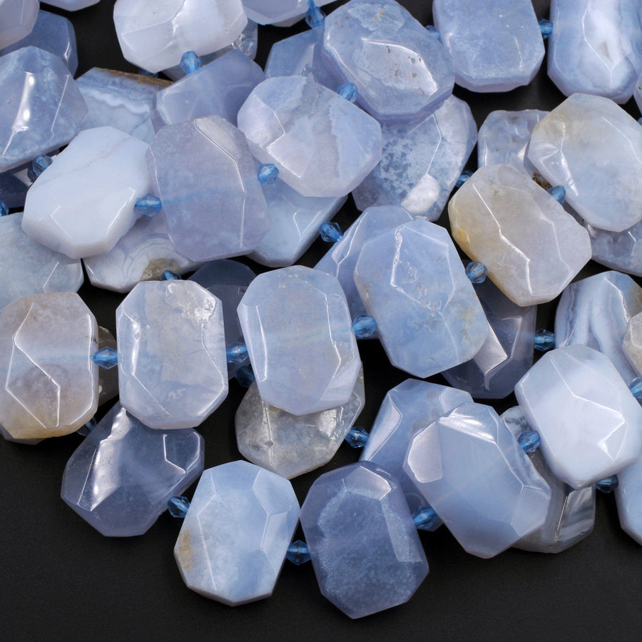 Natural Blue Lace Agate Beads Large Faceted Rectangle Blue Chalcedony Focal Bead Pendant 16" Strand