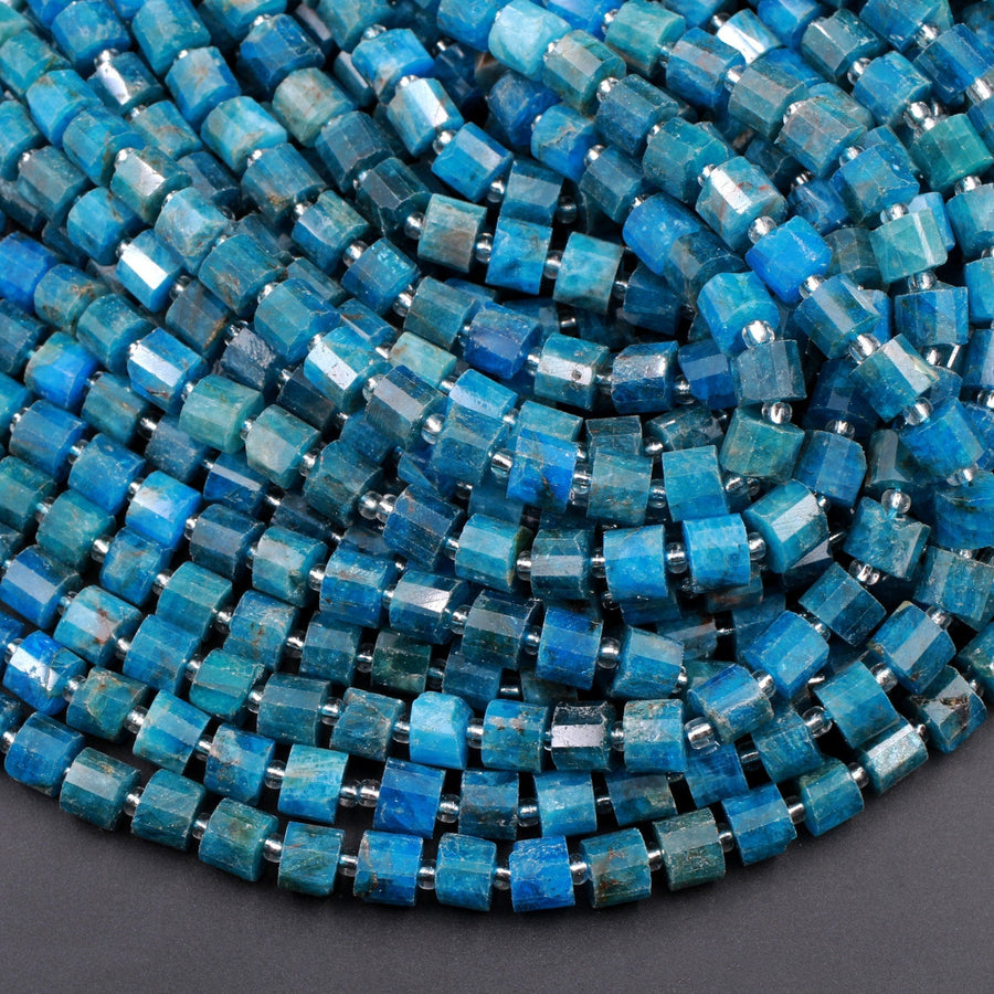 Natural Blue Apatite Faceted Tube Cylinder Rondelle Beads 6mm 7mm Beads Natural Teal Blue Gemstone Full 16" Strand