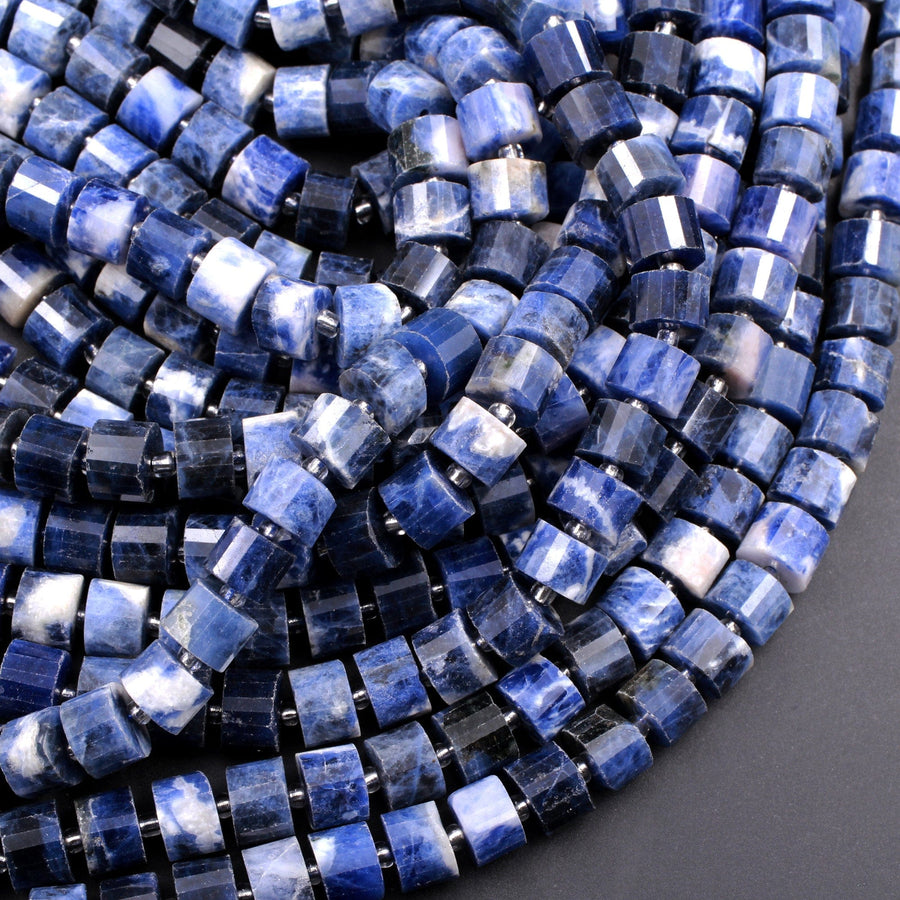 Stunning Natural Snow Mountain Blue Sodalite Nugget Faceted Wheel Rondelle Heishi Tube 9x6mm Beads 16" Strand