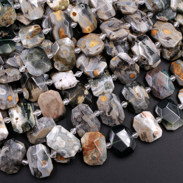 Natural Ocean Jasper Beads W Orbs Eyes Faceted Rectangle Octagon Flat Nugget Center Drilled Slab Beads 16" Strand