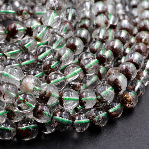 Natural Phantom Quartz Beads Lodalite Beads 6mm 7mm  8mm Clear Quartz with Brown Minerals Matrix 16" Strand