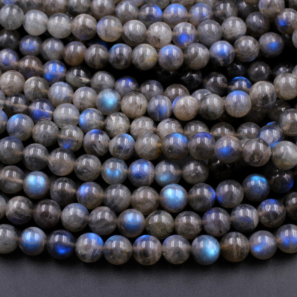 Rare Natural Black Labradorite 8mm Round Beads Blue Flashes 16" Strand