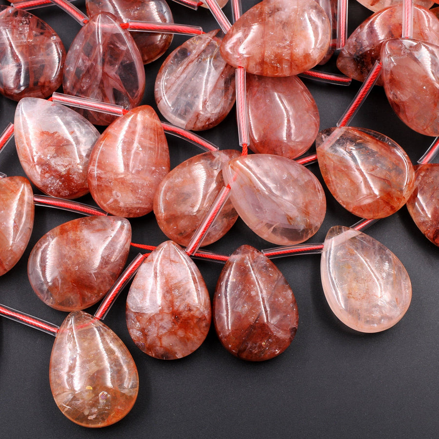 Large Natural Lepidocrocite Quartz Teardrop Beads Stunning Red Gemstone Pendant From Madagascar 16" Strand