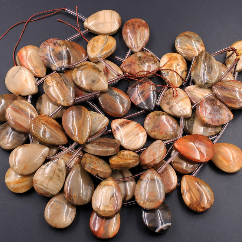 Large Natural Petrified Wood Teardrop Briolette Pendant Beads Top Side Drilled Earthy Brown Tan Gemstone 16" Strand