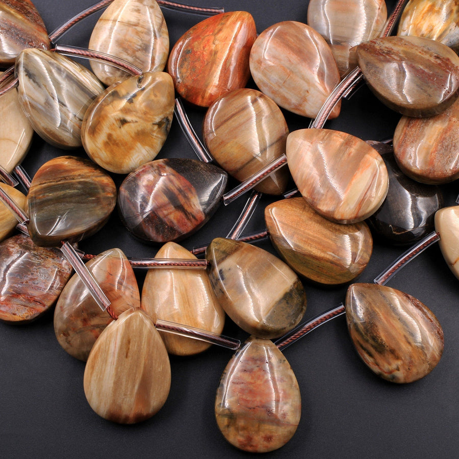 Large Natural Petrified Wood Teardrop Briolette Pendant Beads Top Side Drilled Earthy Brown Tan Gemstone 16" Strand