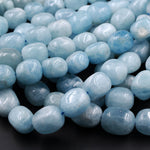 Natural Aquamarine Rounded Rectangle Nugget Beads Large Chunky Real Genuine Blue Aquamarine Polished Gemstone 16" Strand