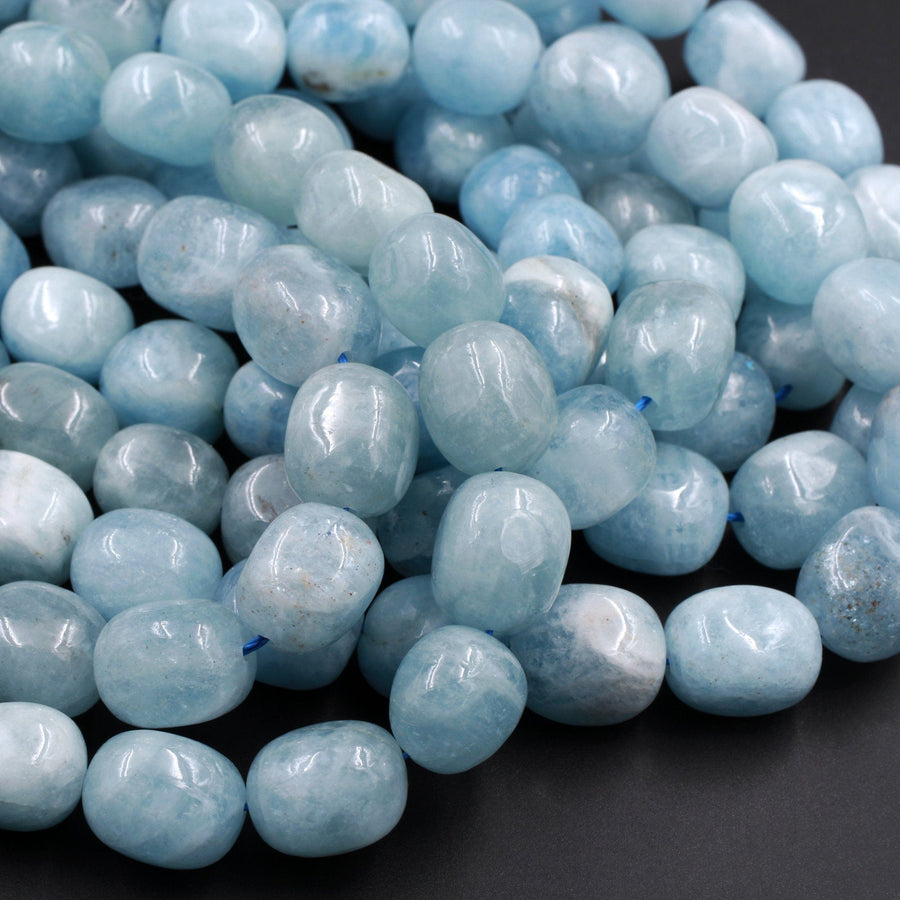 Natural Aquamarine Rounded Rectangle Nugget Beads Large Chunky Real Genuine Blue Aquamarine Polished Gemstone 16" Strand