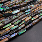 Long Thin Abalone Tube Rectangle Beads Iridescent Rainbow Glow Blue Green Irridescent A Grade Real Genuine Natural Abalone 16" Strand