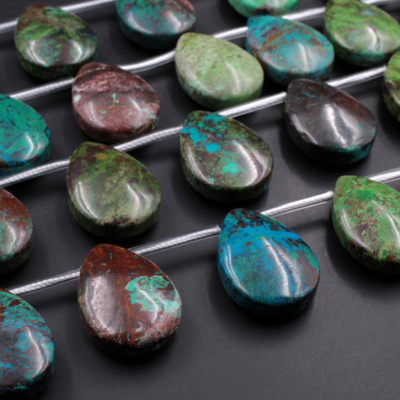Natural Parrot Wing Chrysocolla Teardrop Pendant Large Side Drilled Focal Beads 16" Strand
