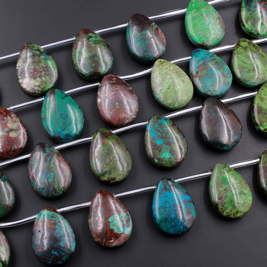 Natural Parrot Wing Chrysocolla Teardrop Pendant Large Side Drilled Focal Beads 16" Strand