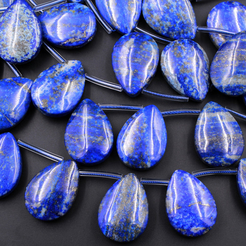 Large Natural Blue Lapis Teardrop Pendant Beads Side Drilled Puffy Pear Gemstone 15.5" Strand