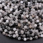 Natural Black Tourmaline Rutile Quartz 6mm Faceted Round Beads Micro Faceted Laser Diamond Cut 15.5" Strand
