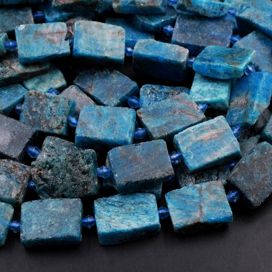 Matte Natural Apatite Rectangle Beads Flat Teal Blue Gemstone15.5" Strand