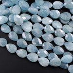 Faceted Natural Blue Aquamarine Teardrop Beads 14mm 16mm 15.5" Strand