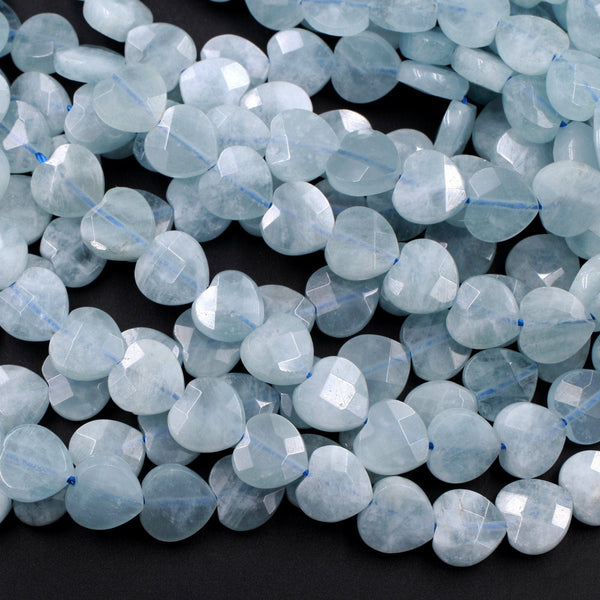 Natural Blue Aquamarine Beads Faceted 10mm Heart Gemstone 15.5" Strand