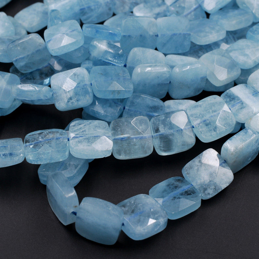 AAA Natural Aquamarine Beads Faceted Cushion 12mm Square Gemstone 15.5" Strand
