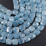 AAA Natural Aquamarine Beads Faceted Cushion 12mm Square Gemstone 15.5" Strand