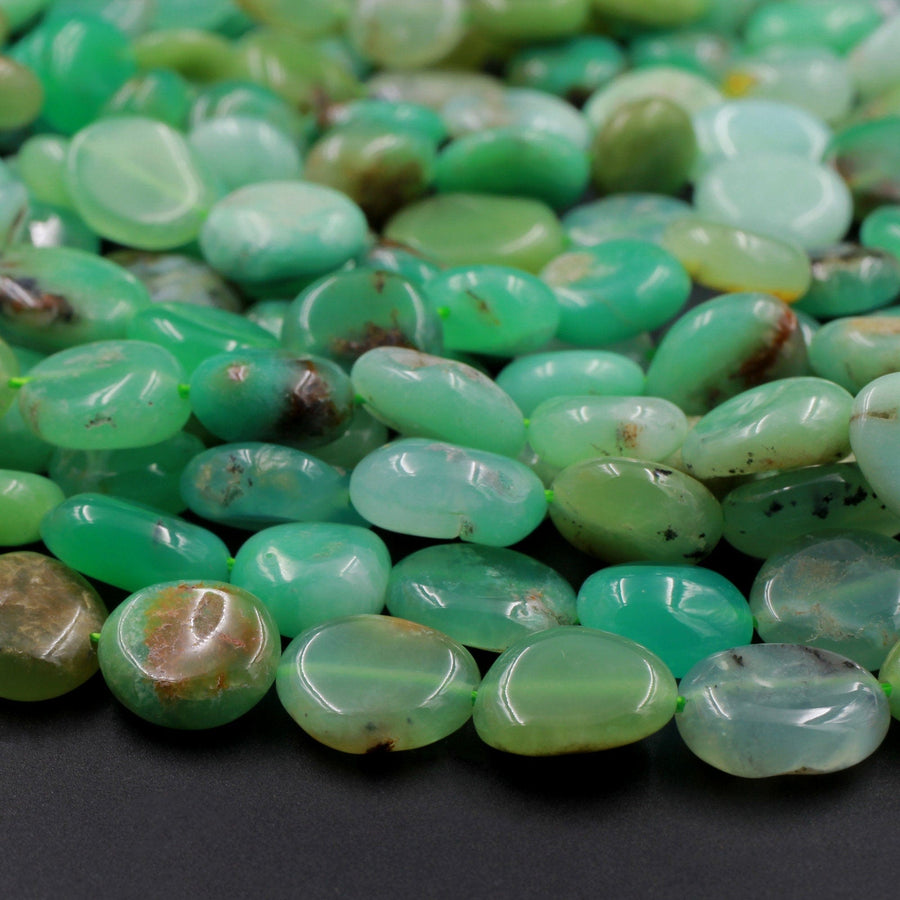 Natural Green Chrysoprase Freeform 12mm Circle Flat Pebble Nuggets Beads 16" Strand