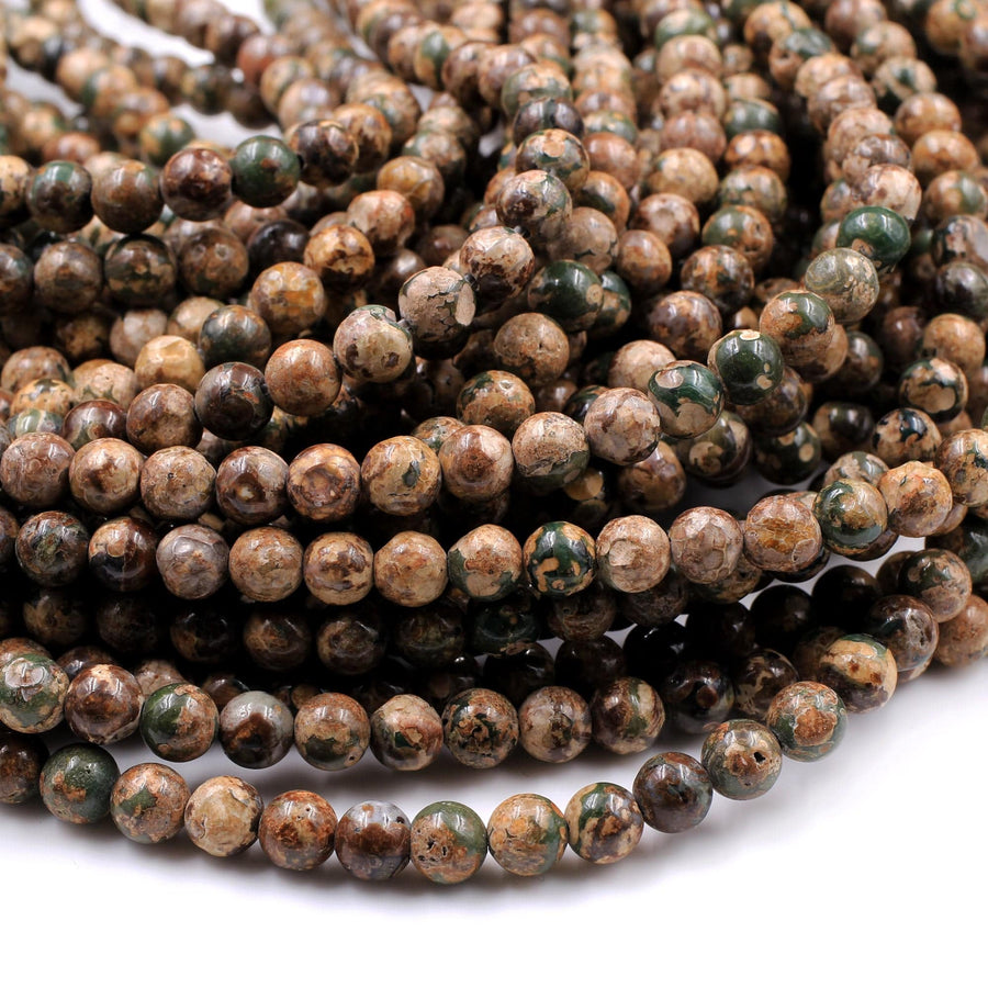 Natural Camouflage Rhyolite Beads 6mm Round Brown Green Tan 16" Strand