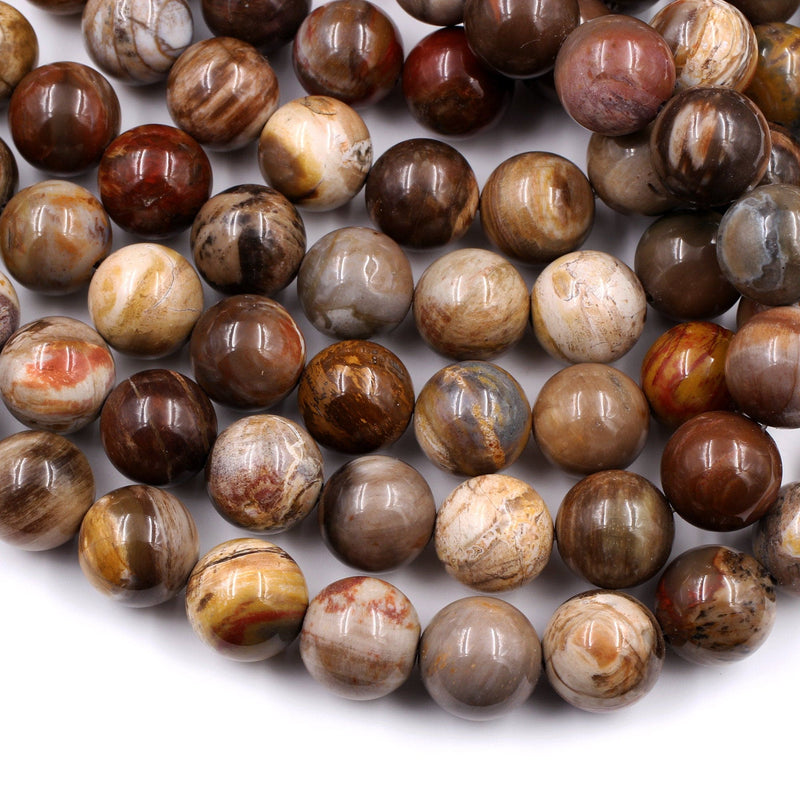 Large 14mm Petrified Wood Round Beads Rich Earthy Brown Yellow Red Tan Colors 16" Strand