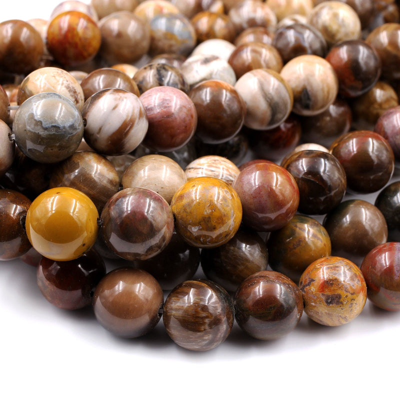 Large 14mm Petrified Wood Round Beads Rich Earthy Brown Yellow Red Tan Colors 16" Strand