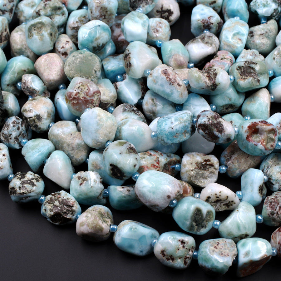 Large Natural Blue Larimar Beads Rounded Pebble Freeform Nuggets From Dominican Republic 15.5" Strand