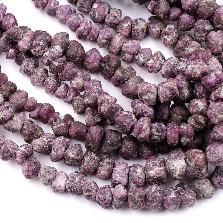 Rough Raw Natural Ruby Beads Freeform Nugget Organic Hand Hammered Genuine Ruby Gemstone  16" Strand