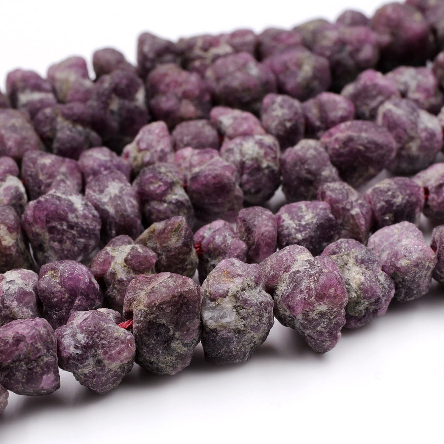 Rough Raw Natural Ruby Beads Freeform Nugget Organic Hand Hammered Genuine Ruby Gemstone  16" Strand