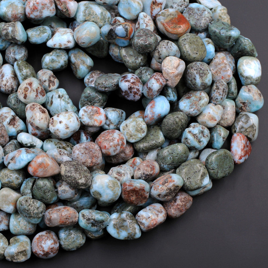 Large 12-13mm Natural Larimar Beads Rounded Pebble Freeform Nuggets Gorgeous Blue Red Matrix Gemstone From Dominican Republic 16" Strand