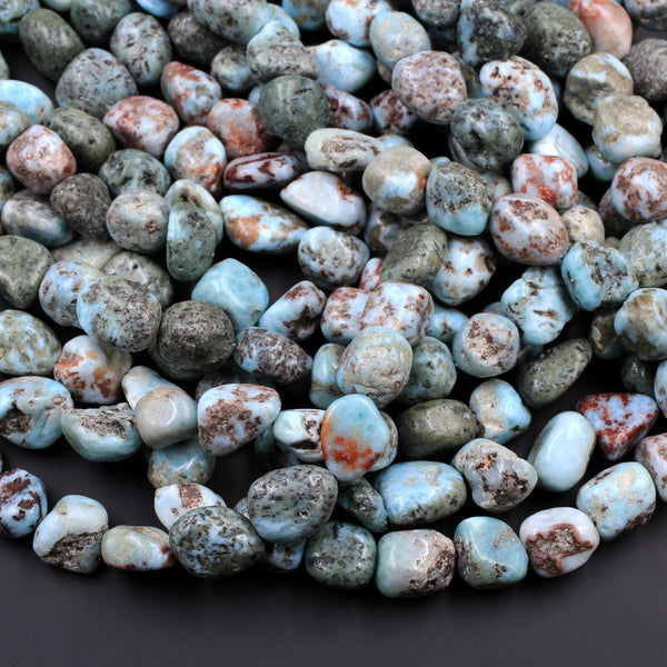Large 12-13mm Natural Larimar Beads Rounded Pebble Freeform Nuggets Gorgeous Blue Red Matrix Gemstone From Dominican Republic 16" Strand