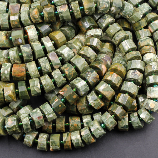 Natural Rainforest Rhyolite Jasper Faceted Rondelle Disc Geometric Beads 10mm 15.5" Strand
