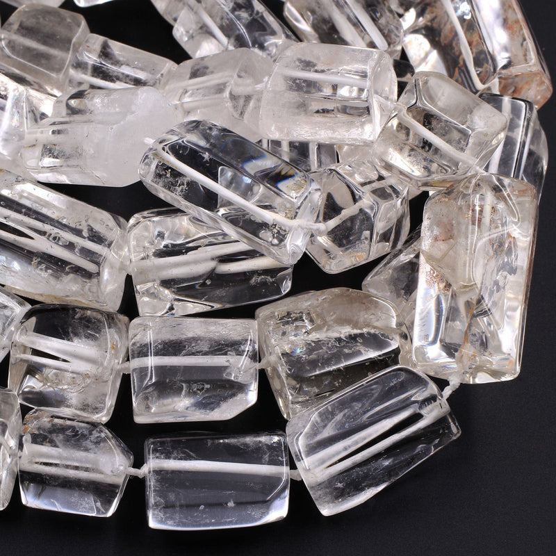 Natural Rock Crystal Quartz Beads Cylinder Large Icy Rock Crystal Faceted Tube Nugget Hand Cut Clear Raw Crystals Golden Copper 16" Strand