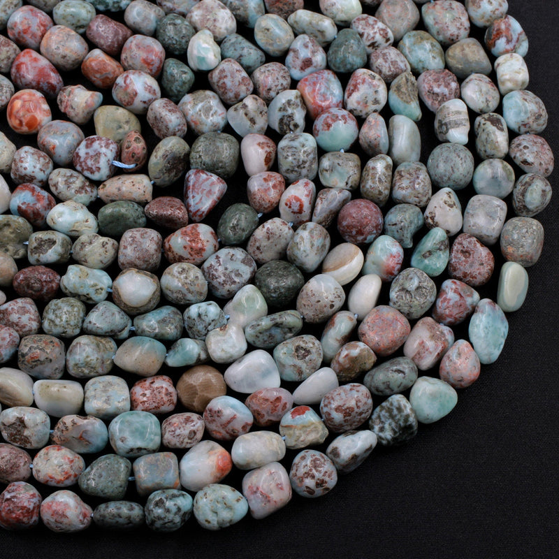 Natural Blue Larimar Beads Rounded Pebble Freeform Nugget Beads Red Iron Matrix Gemstone From Dominican Republic 16" Strand