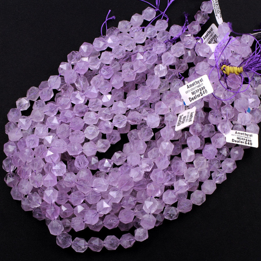 Geometric Star Cut Genuine 100% Natural Amethyst Faceted 12mm Nugget Soft Violet Purple Beads 16" Strand