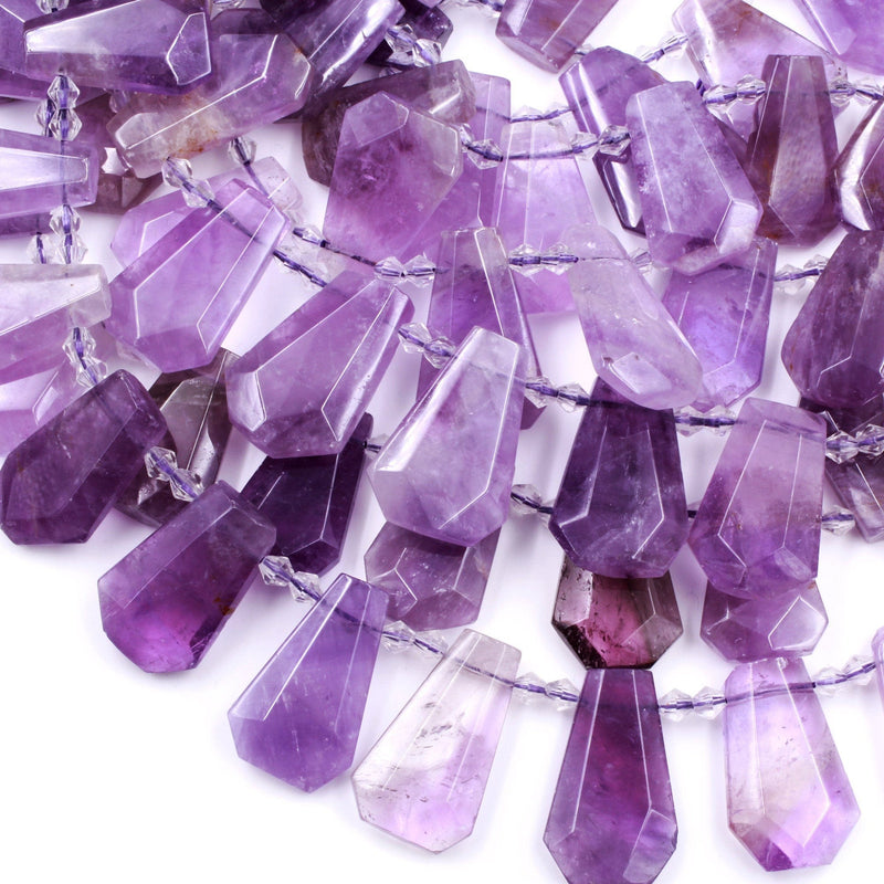 Natural Violet Purple Amethyst Faceted Trapezoid Rectangle Cushion Beads Unique Side Drilled Tapered Teardrop Focal Pendant 16" Strand