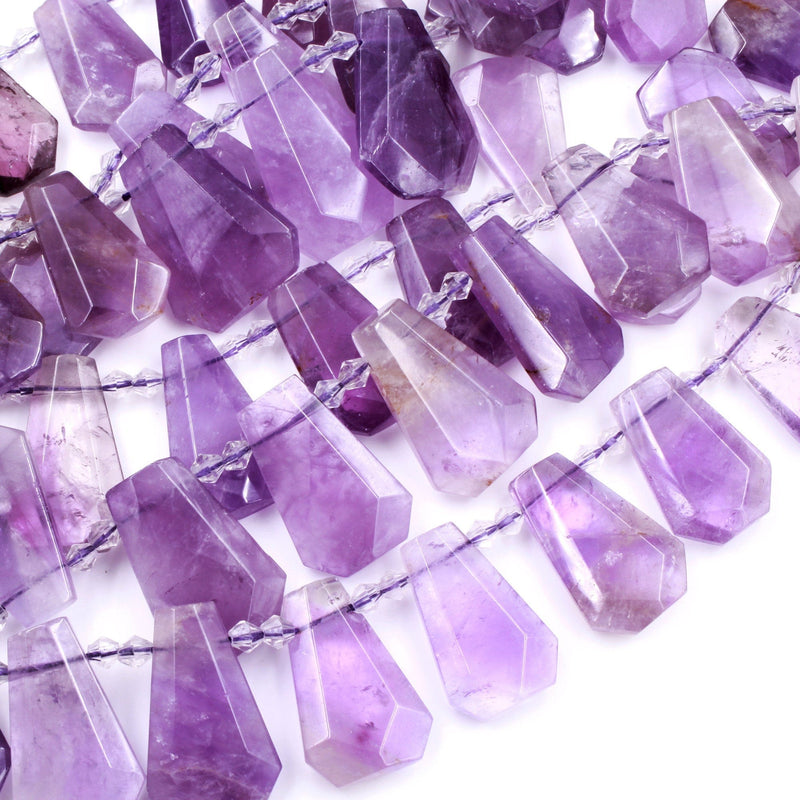 Natural Violet Purple Amethyst Faceted Trapezoid Rectangle Cushion Beads Unique Side Drilled Tapered Teardrop Focal Pendant 16" Strand