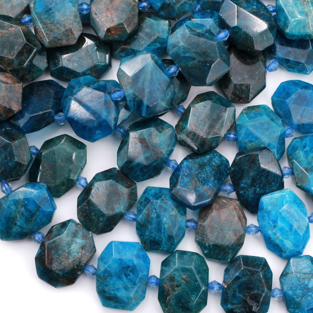 Natural Blue Apatite Faceted Rectangle Cushion Octagon Nugget Beads Teal Blue Gemstone Unique Cut 16" Strand