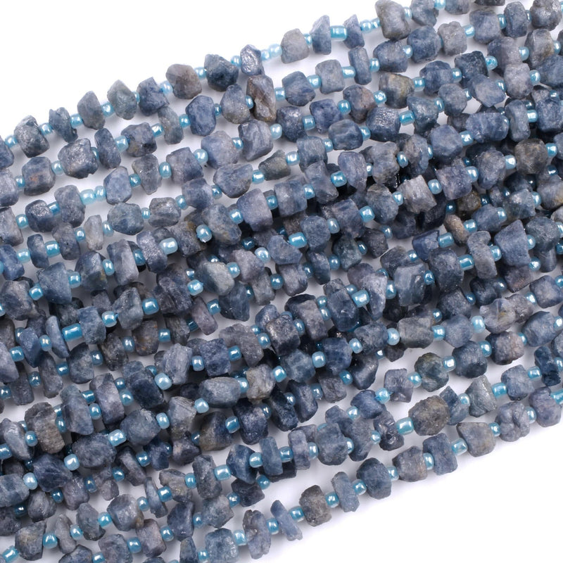Rough Raw Natural Blue Sapphire Nugget Beads Freeform Hand Hammered Real Genuine Blue Sapphire Gemstone Earthy Organic Cut 16" Strand