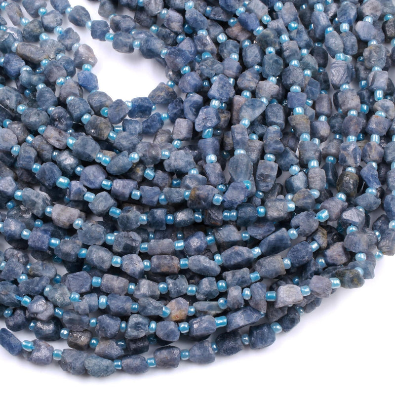 Rough Raw Natural Blue Sapphire Tube Nugget Beads Freeform Hand Hammered Real Genuine Blue Sapphire Gemstone Earthy Organic Cut 16" Strand