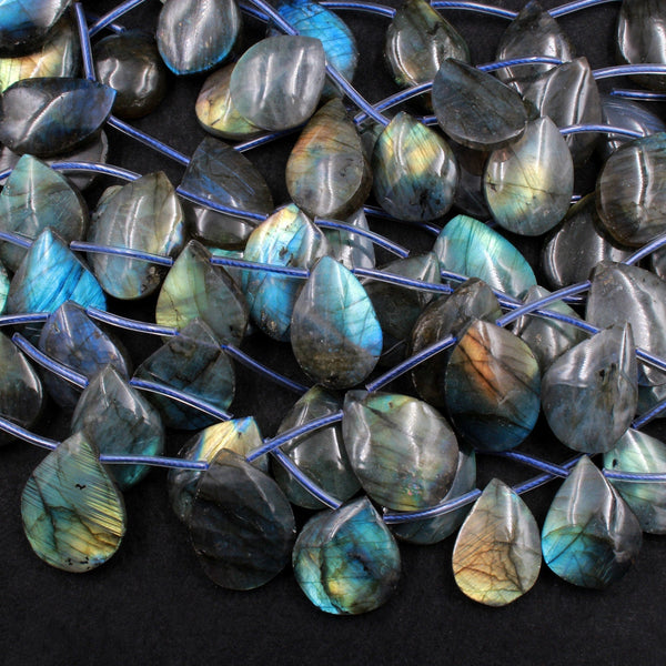 Natural Labradorite Beads Freeform Teardrop Shape Top Drilled Pendant Focal Tones of Blue Green Gold Flashes 16" Strand