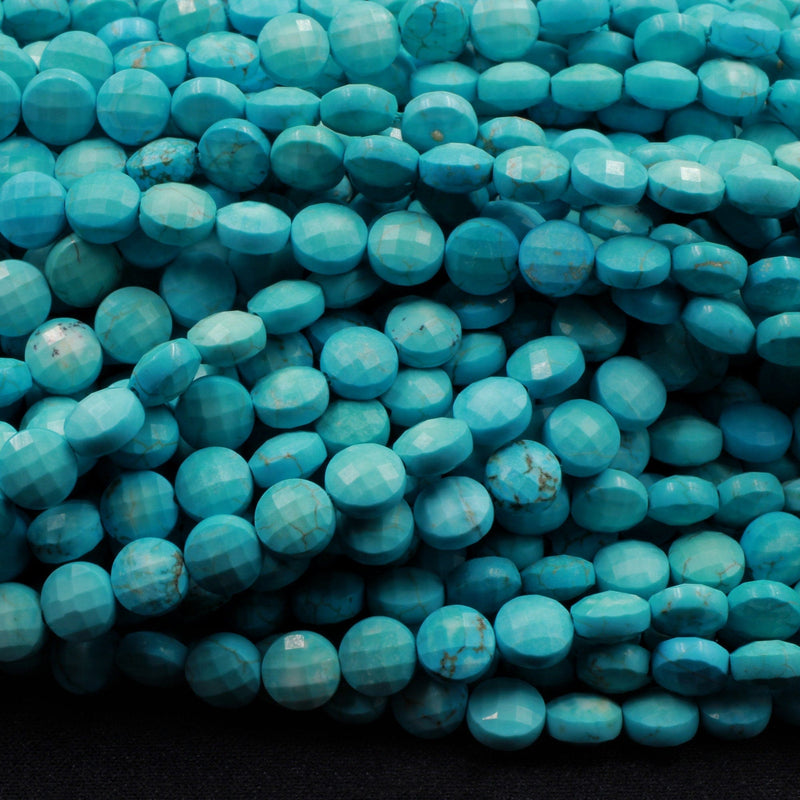 Turquoise Howlite Micro Faceted 6mm Coin Flat Disc Dazzling Facets Small Stunning Sleeping Beauty Blue Color Gemstone Diamond Cut 16" Strand