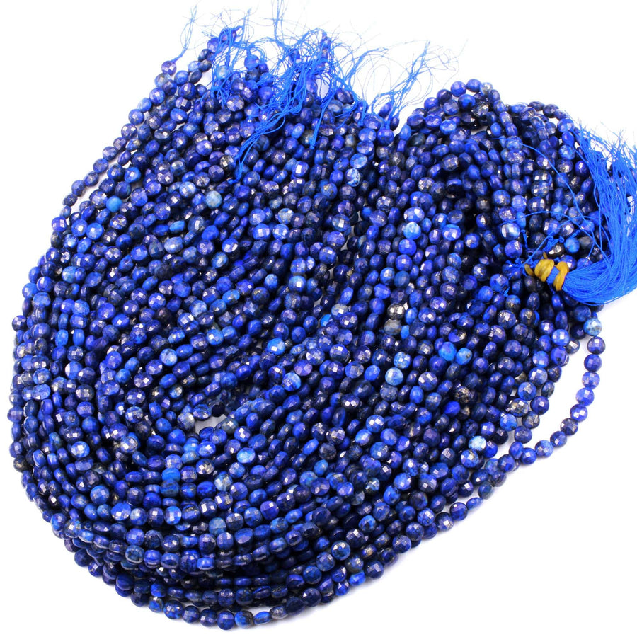 Natural Blue Lapis Faceted 4mm 6mm Coin Beads Flat Disc Gemstone Diamond Cut 16" Strand