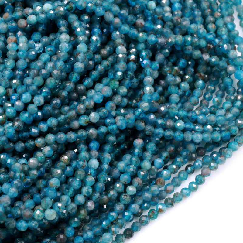 Faceted 2mm Apatite Beads Micro Faceted Natural Aqua Teal Blue Gemstone 16" Strand