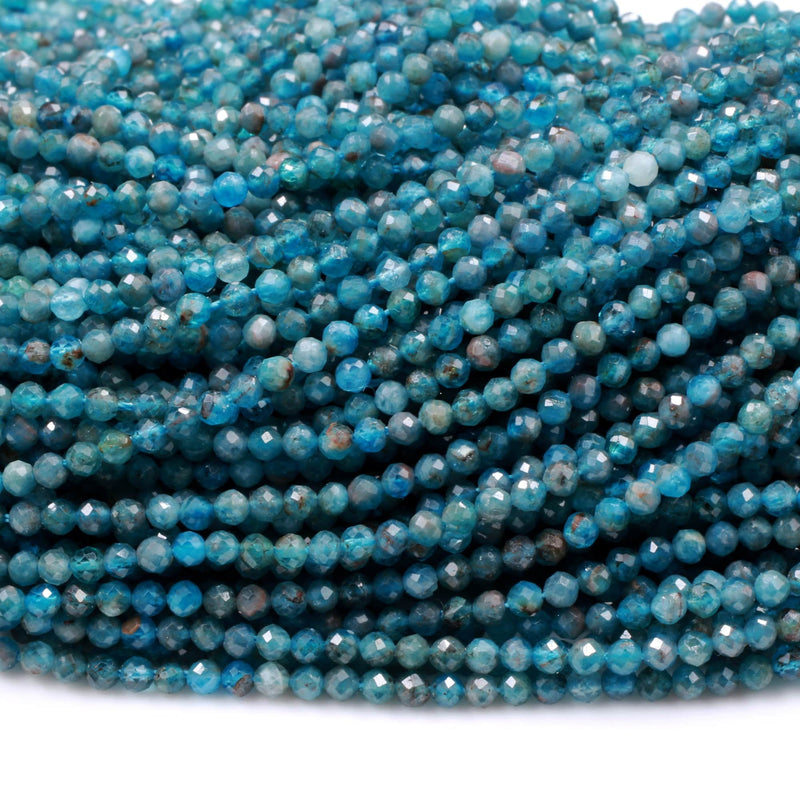 Faceted 2mm Apatite Beads Micro Faceted Natural Aqua Teal Blue Gemstone 16" Strand