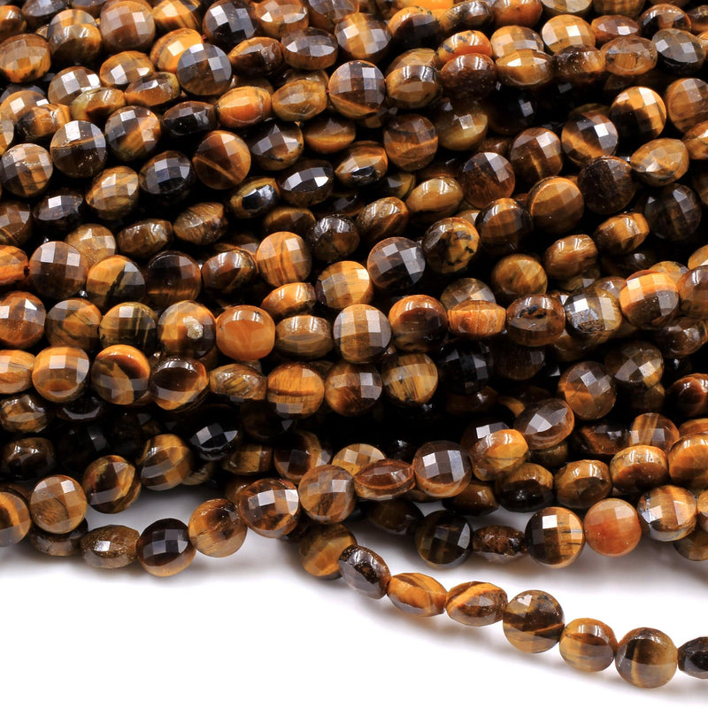 Micro Faceted Natural Golden Brown Tiger Eye 4mm Coin Beads Flat Disc Gemstone 15.5" Strand