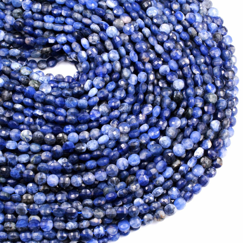 Micro Faceted Natural Blue Sodalite 4mm 6mm Coin Beads Flat Disc Gemstone 15.5" Strand