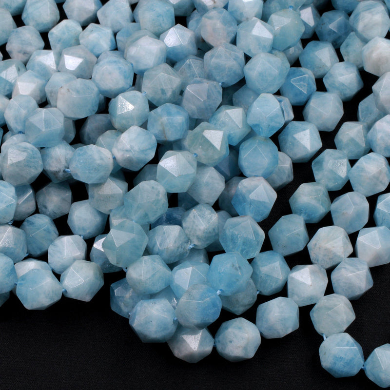 Geometric Cut Diamond Star Cut Genuine 100% Natural Aquamarine Large Faceted 12mm Round Beads Nugget Blue Gemstone 16" Strand